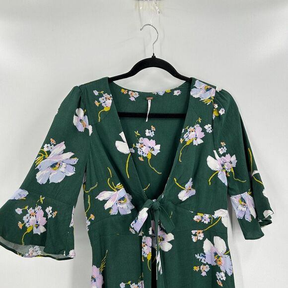 FREE PEOPLE All Yours Green White Floral Print Deep Plunge Mini Dress Size 0 - Picture 4 of 8